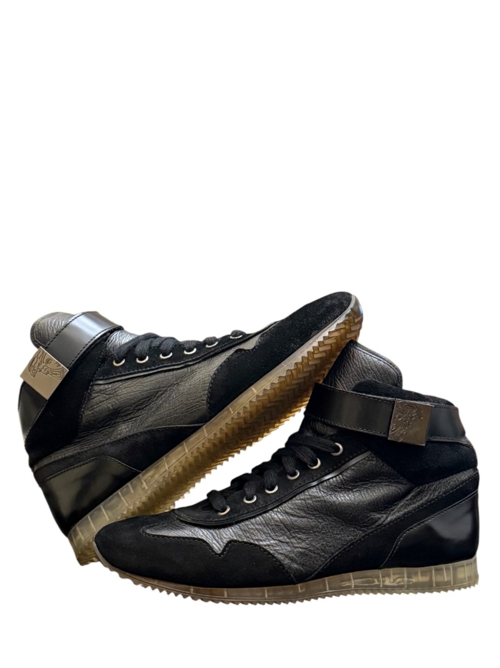 VERSACE COLLECTION - BLACK SUEDE SOFT LEATHER RUBBER SOLE HI TOP SNEAKERS
